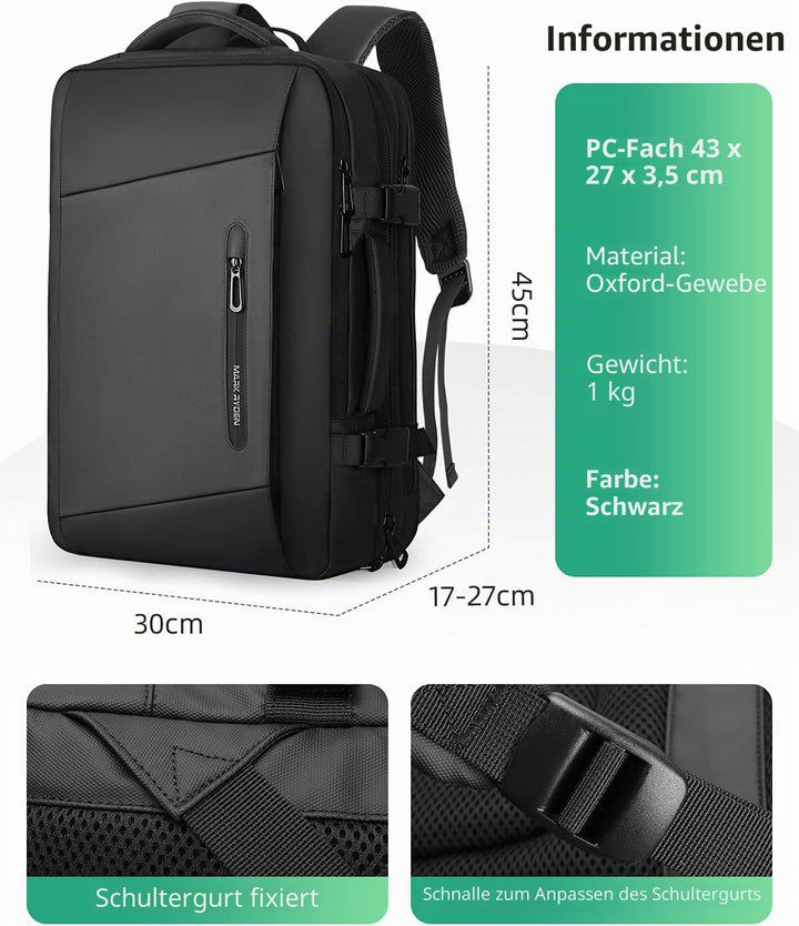 MARK RYDEN Erweiterbarer 26L-38L Rucksack,Business Herren, Laptop-Tasche 17 Zoll,Hydrophobe Stoffe,