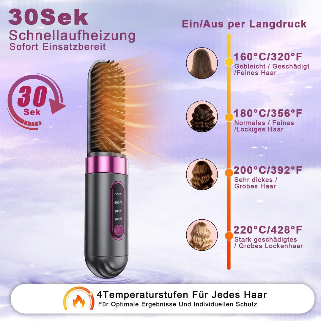 Elektrische Glättbürste Kabellos mit LED-Anzeige, 4 Temperaturstufen, für Kurze, Lockige und Trocken
