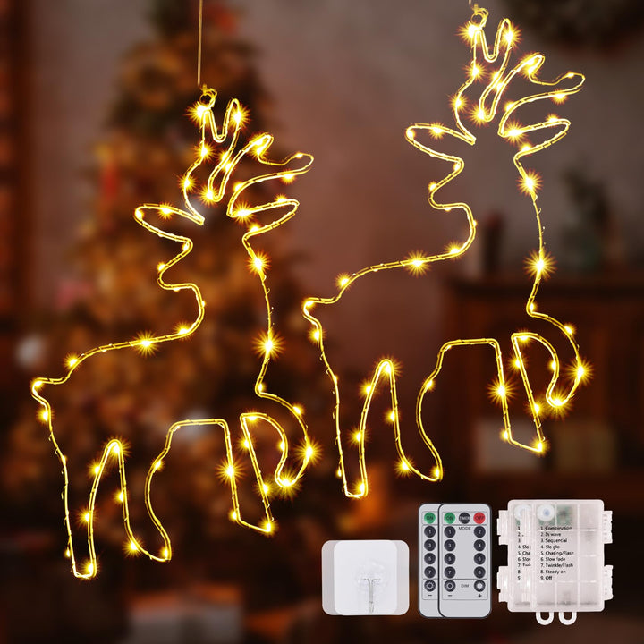 120 LED (2 Stück) Weihnachtsbeleuchtung Fenster, 8 Modi Batteriebetriebene Rentier Fensterbeleuchtun