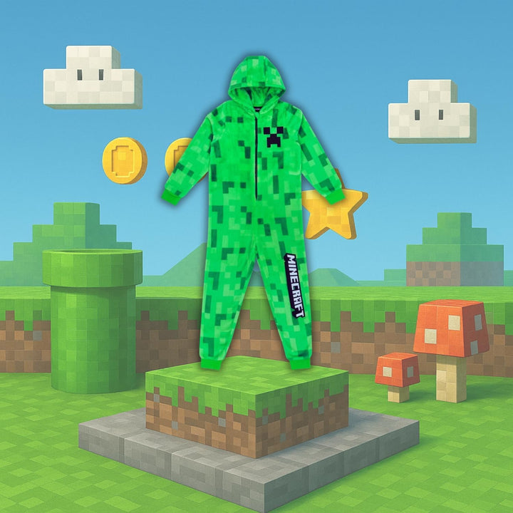 Minecraft Onesie Creeper Fleece Jumpsuit Sleepsuit Gamer Geschenk Schlafoverall mit Kapuze für Junge