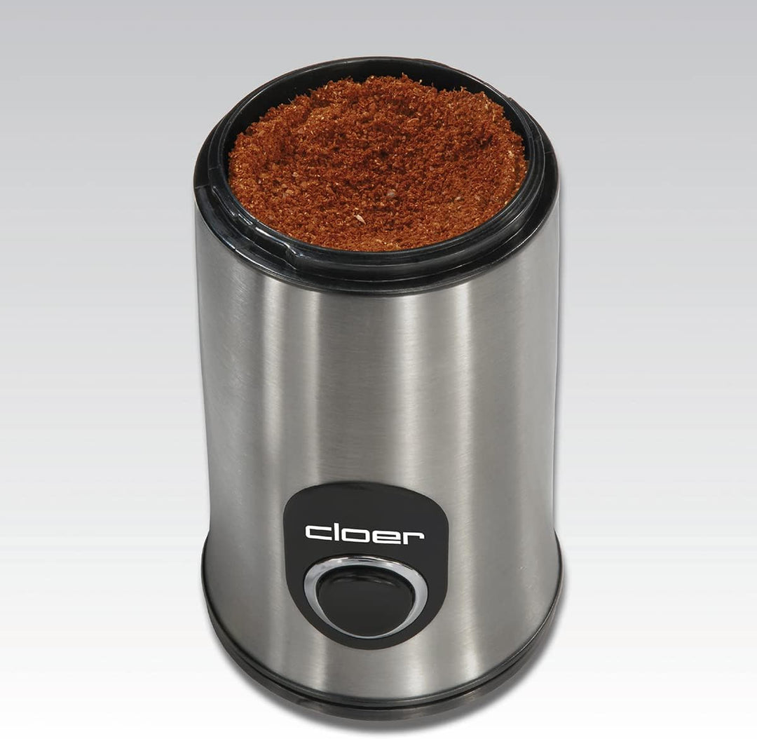 Cloer 7579 Elektrische Kaffeemühle, 150 W, für bis zu 50 g Kaffeebohnen, mattiertes Edelstahlgehäuse