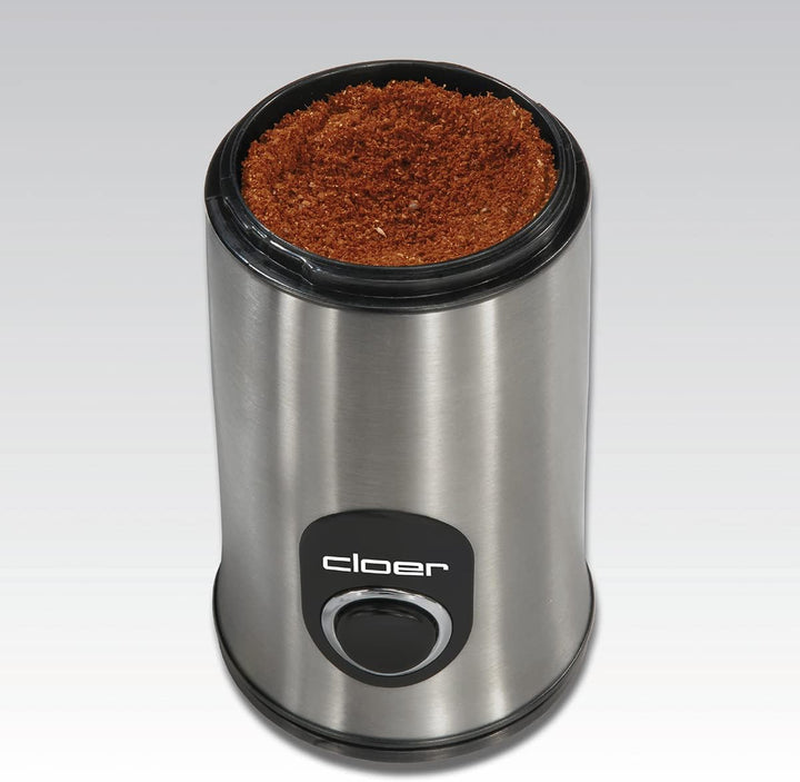 Cloer 7579 Elektrische Kaffeemühle, 150 W, für bis zu 50 g Kaffeebohnen, mattiertes Edelstahlgehäuse