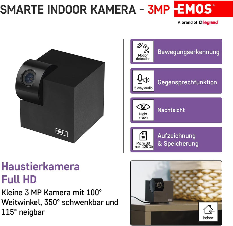 EMOS GoSmart Überwachungskamera mit WiFi und App, Indoor Smart Home Tierkamera, rotierende 3MP/1296p