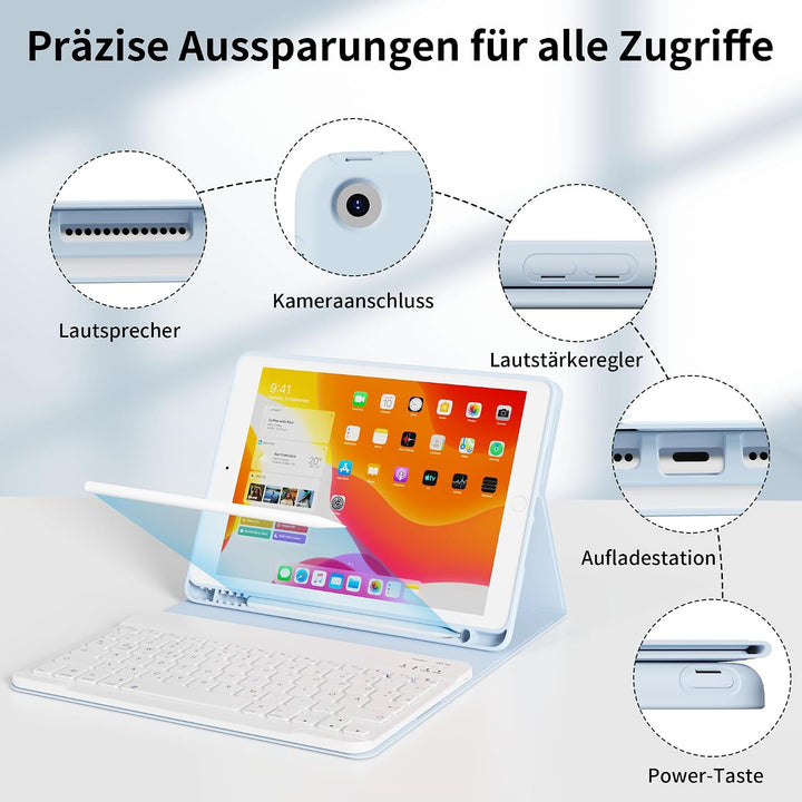 Tastatur Hülle für iPad 9. 8. 7. Generation 2021/2020/2019 10,2 Zoll mit Stifthalter, Magnetisch Blu