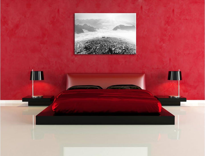 Pixxprint Blühende lilane Krokusse mit Aussicht auf die Berge Kunst B&W, Format: 100x70 auf Leinwand