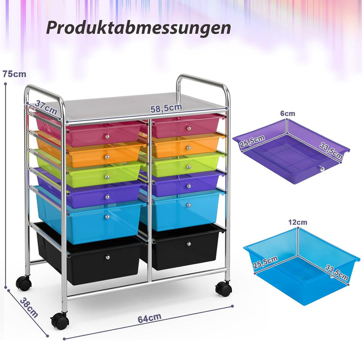 COSTWAY Rollwagen mit 12 stapelbaren Schubladen, Schubladenwagen Rollcontainer mit Metallgestell und