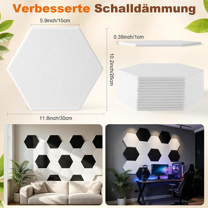 Rdutuok 12 Stück Selbstklebend Akustik Panel,30x26x1cm Hexagon Akustik Absorber Schallschutzplatten