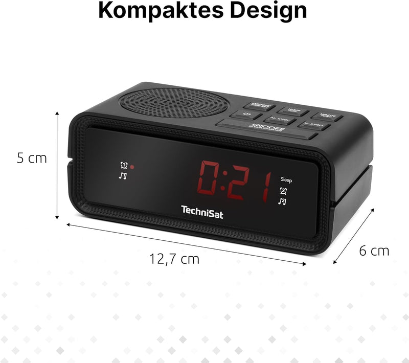 TechniSat DIGICLOCK 2 – kompakter UKW Radiowecker (Zwei Weckzeiten, Schlummerfunktion, dimmbares LCD