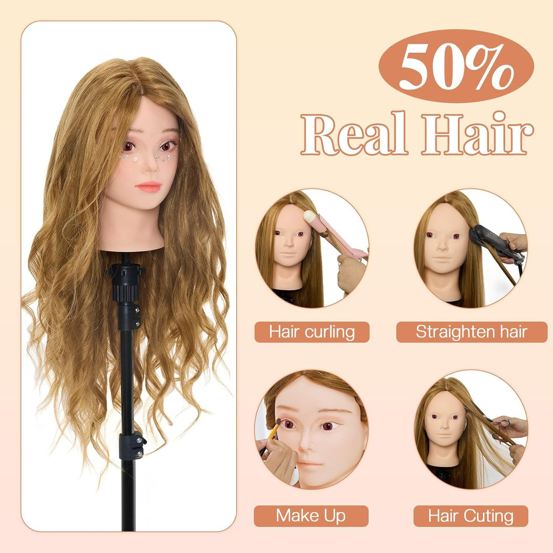 NEVERLAND 24 Zoll 50% Echthaar Frisierkopf Trainingsköpfe für Friseure Übungskopf Friseurkopf Friseu