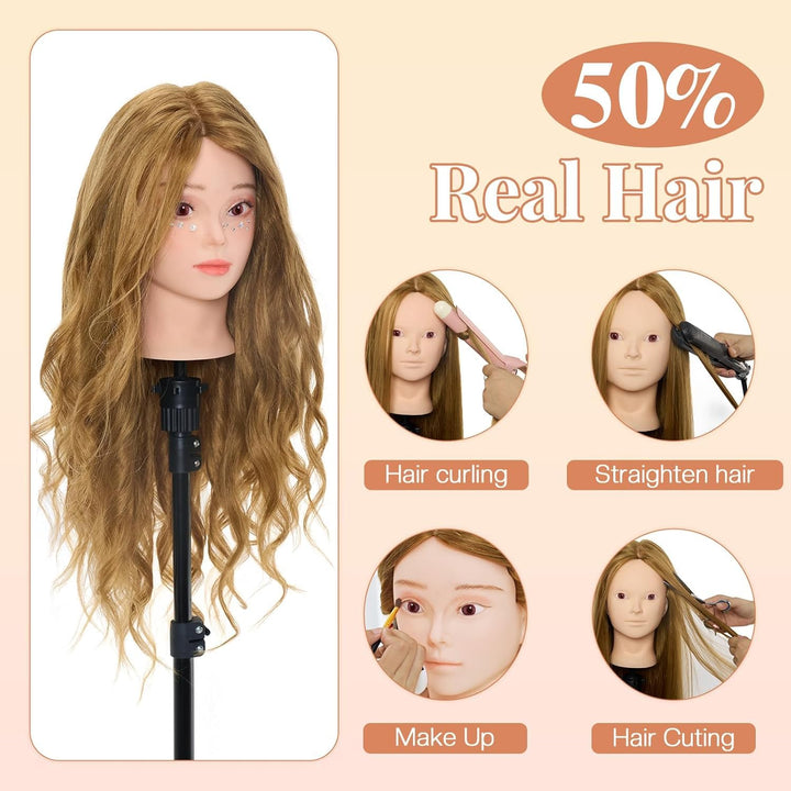 NEVERLAND 24 Zoll 50% Echthaar Frisierkopf Trainingsköpfe für Friseure Übungskopf Friseurkopf Friseu