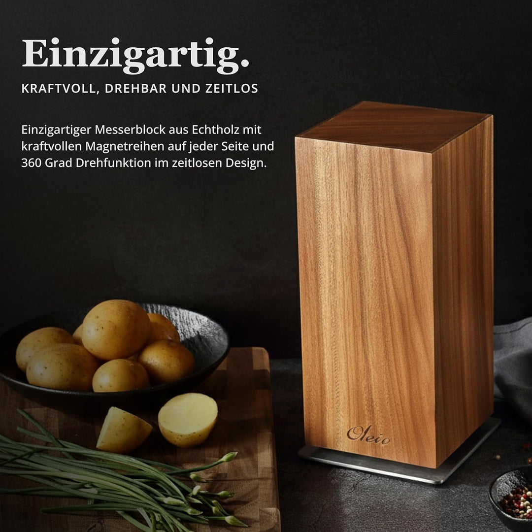 Maestro Messerblock magnetisch 360° drehbar Messerhalter aus massivem Akazienholz mit Edelstahlbasis