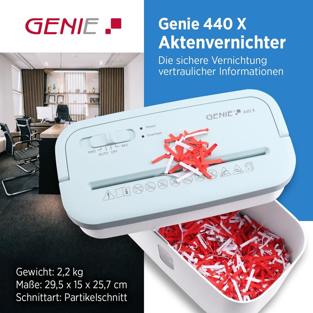 GENIE 440 X Aktenvernichter | Partikelschnitt 4x38 mm | Sicherheitsstufe P-4 | Leise 72 dB | Kompakt