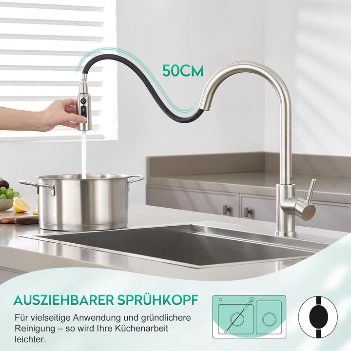 CREA 3 Wege Küchenarmatur mit Brause, Drei Wege Wasserhahn Küche Ausziehbar, 360° Drehbar 3 Wege Mis