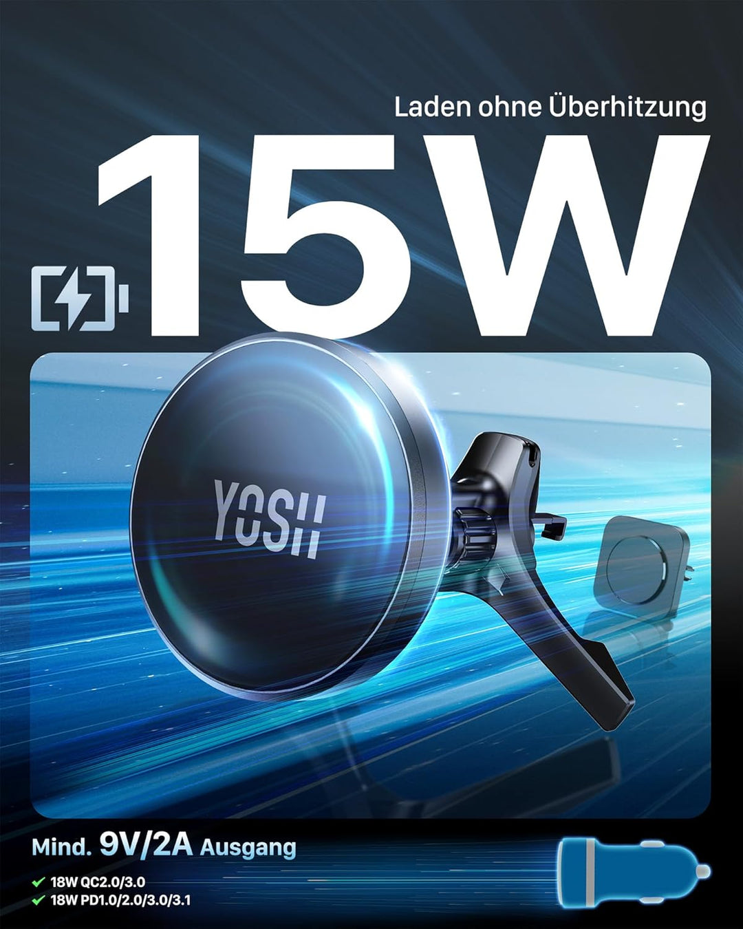 YOSH für MagSafe Autohalterung 15W Handyhalterung Auto mit Ladefunktion, für Runde Lüftung, kompatib
