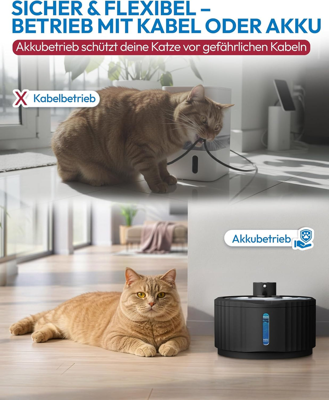 Miaura® Katzenbrunnen kabellos und super leise - Trinkbrunnen für Katze 2.8L Kapazität - Katzen Trin