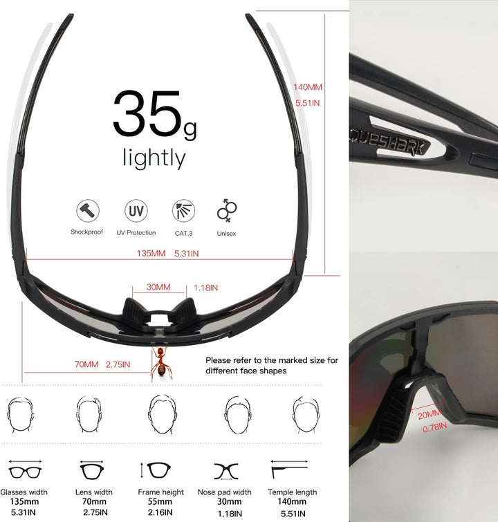 Queshark Fahrradbrille, TR90 Unbreakable Frame Polarisierte Sportsonnenbrille, Fahrradbrille für Män