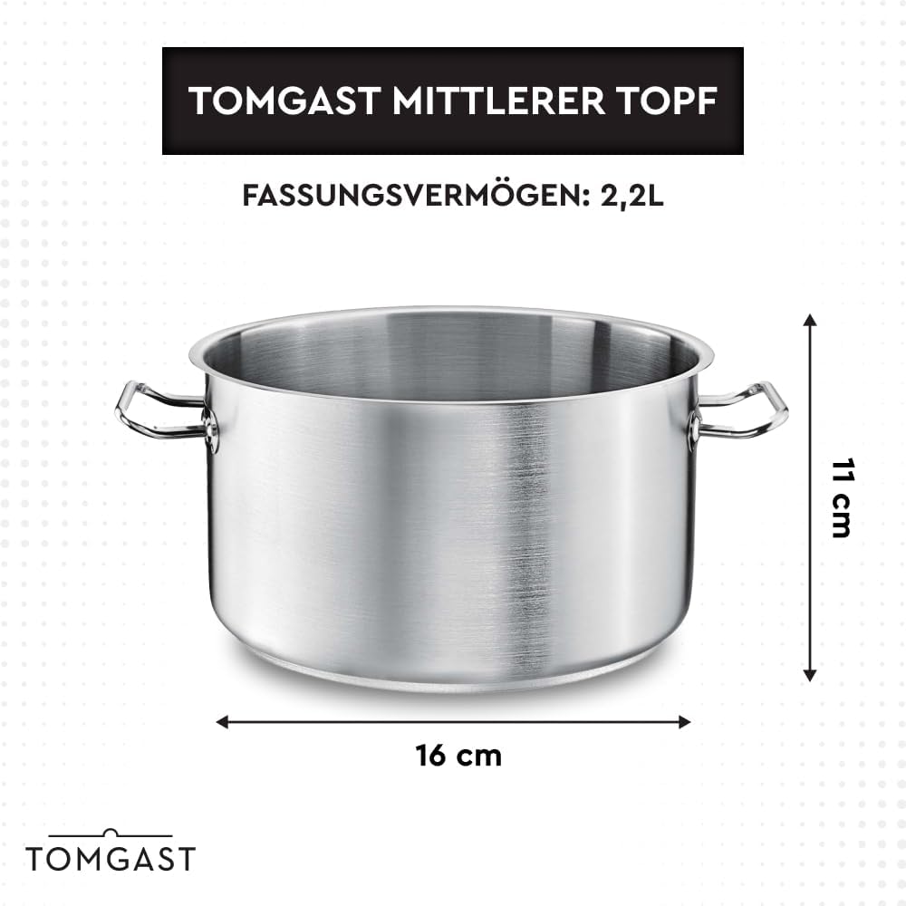 Topf Durchmesser: 16 cm Höhe: 11 cm Fassungsvermögen: 2,2 l | Edelstahl 18/10 | Wandstärke 1 mm bis