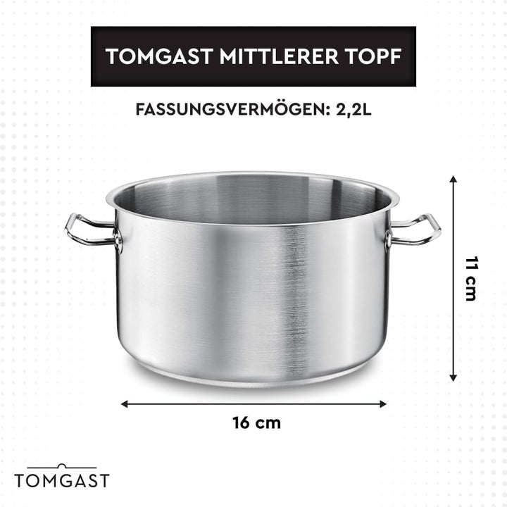 Topf Durchmesser: 16 cm Höhe: 11 cm Fassungsvermögen: 2,2 l | Edelstahl 18/10 | Wandstärke 1 mm bis