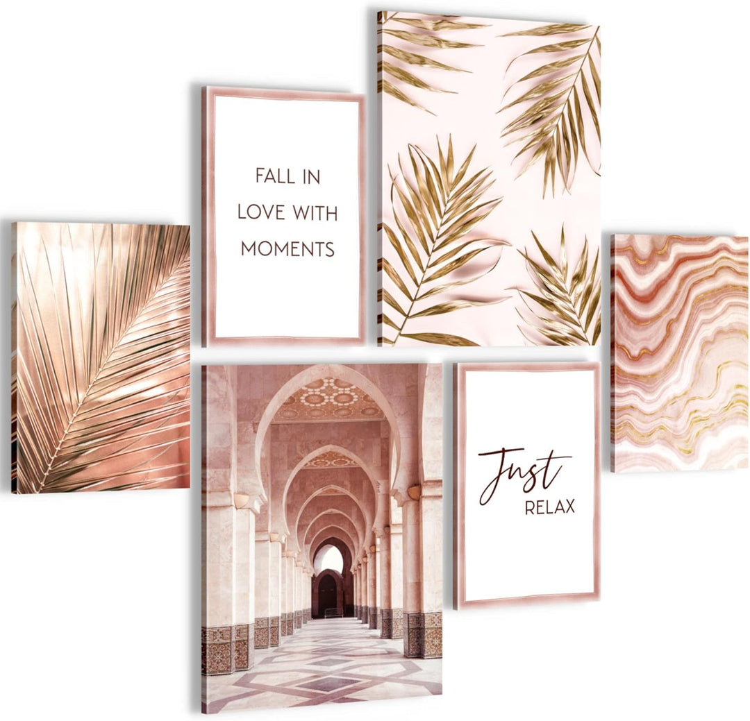 Novart Bilder Set - AUFHÄNGFERTIG - KEIN EXTRA RAHMEN BENÖTIGT - Oriental Marokko Palme Modern Rosa
