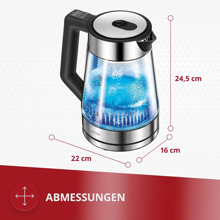 MPM MCZ-116 Wasserkocher 1,7L mit LED-Beleuchtung 2200W, Temperaturregelung 50-100°C, Glas- und Edel