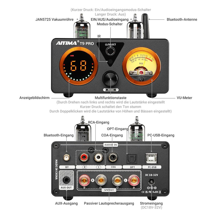 AIYIMA T9PRO JAN5725 Vakuumröhrenverstärker 100Wx2 TPA3250 Stereo-USB-DAC-Verstärker QCC3031 Bluetoo