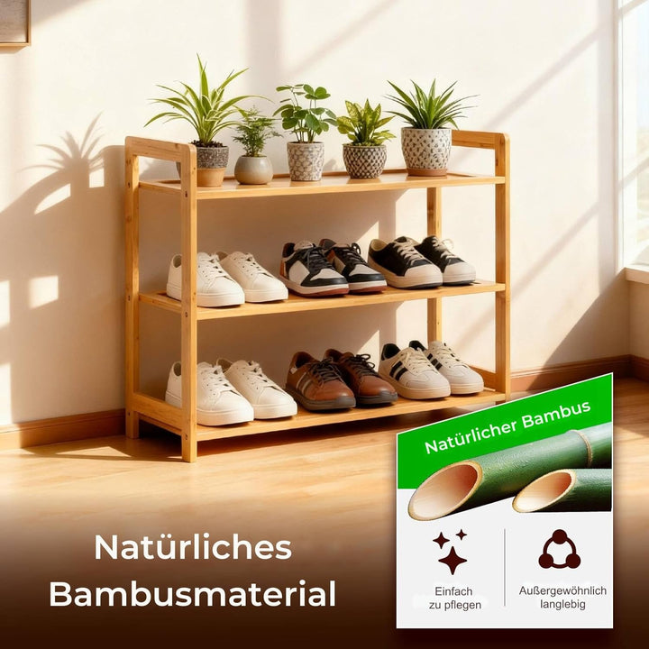 LEADZM Schuhregal, Schuhschrank, Bambus Schuhbank mit 3 Ablagen, für Flur, Bad, Wohnzimmer, Diele, 6