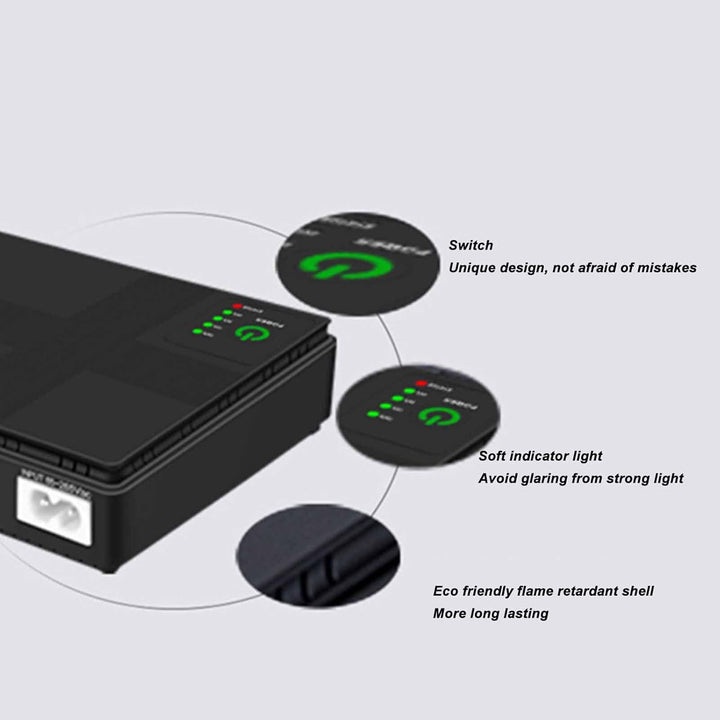 Mini UPS Batterie Backup, 10400mAh 18Wh Unterbrechungsfreie Stromversorgung mit DC 12V 9V 5V 2A Ausg
