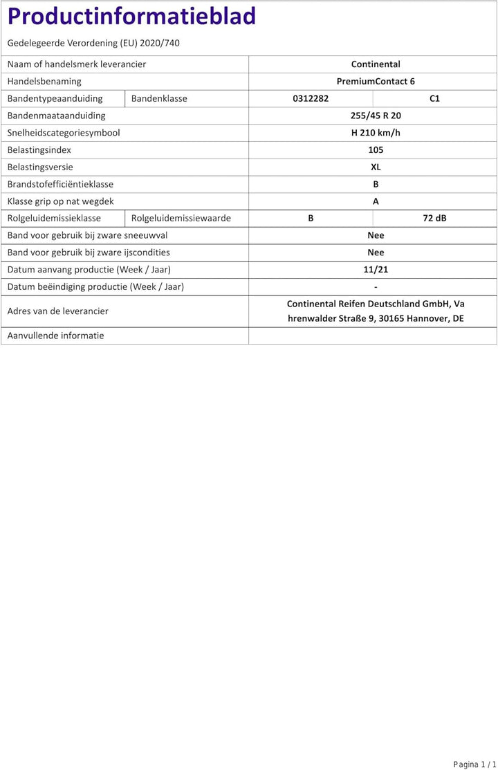 Continental PremiumContact 6-255/45 R20 105H XL - B/A/72 - Sommerreifen (PKW) 255/45R20 105H - FR/XL