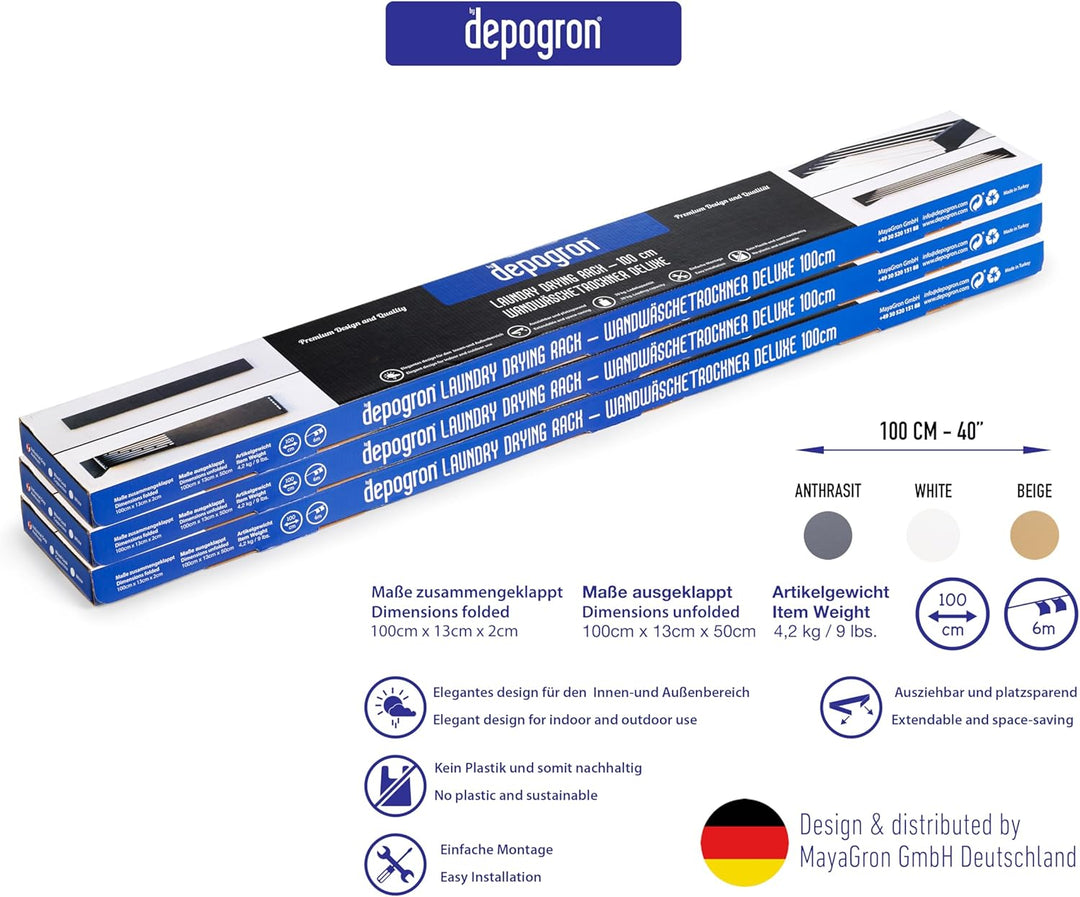 depogron Wäschetrockner 100 cm, Wand montierbar, Wäschetrockner, Faltbar, Geeignet für Innen- oder A