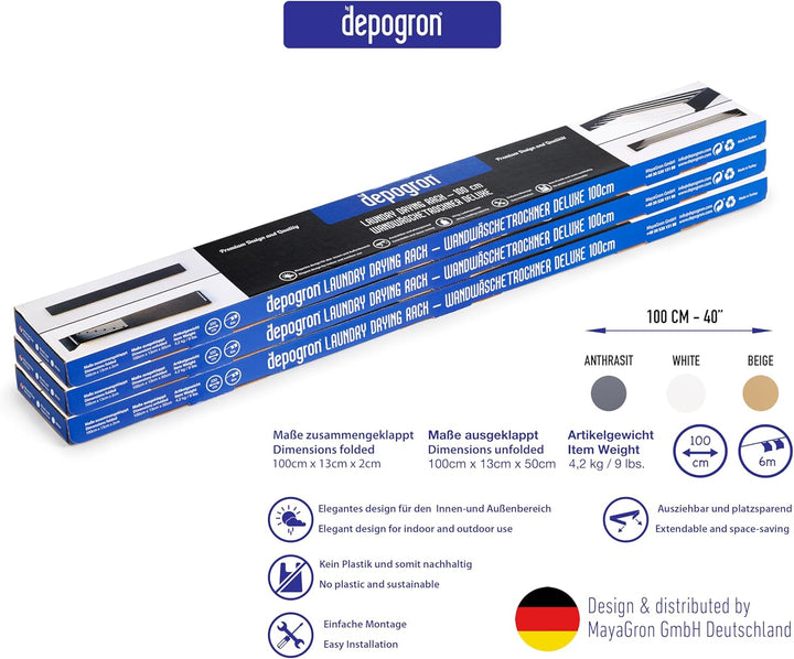 depogron Wäschetrockner 100 cm, Wand montierbar, Wäschetrockner, Faltbar, Geeignet für Innen- oder A