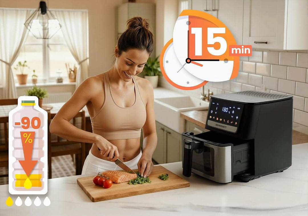 Berdsen Heissluftfritteuse XL 6,5L - Airfryer mit Sichtfenster und Touchscreen - 1700W - 8 Programme