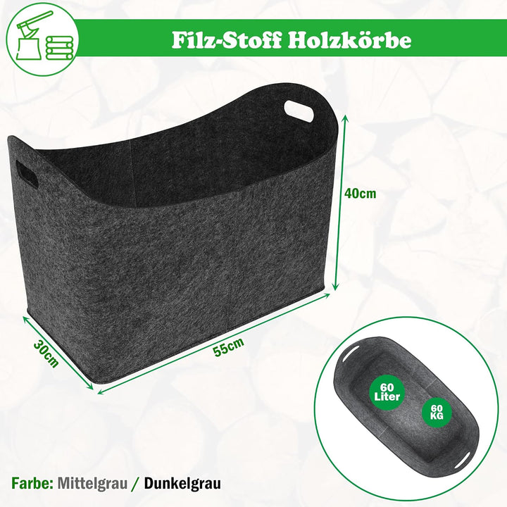 SUBTLETY XXL Faltbare Holzkörbe Set 2 Stück Filz Kaminholztasche Gross Kaminholzkorb Belast Max. 60L
