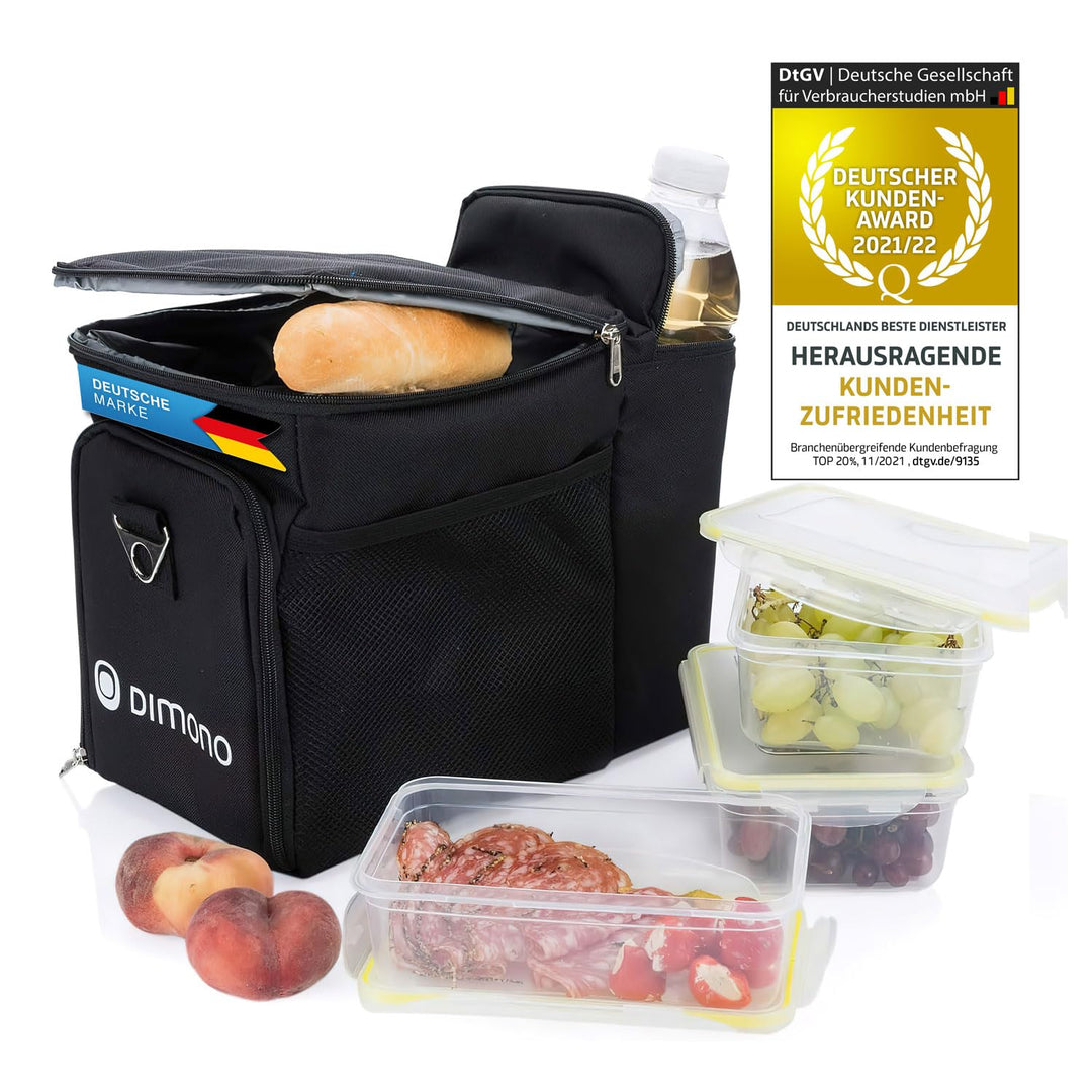 Dimono® Kühltasche 15L mit 3 Brotzeitdosen; Picknick-Tasche mit 3 Meal Prep Launchbox Dosen + Deckel