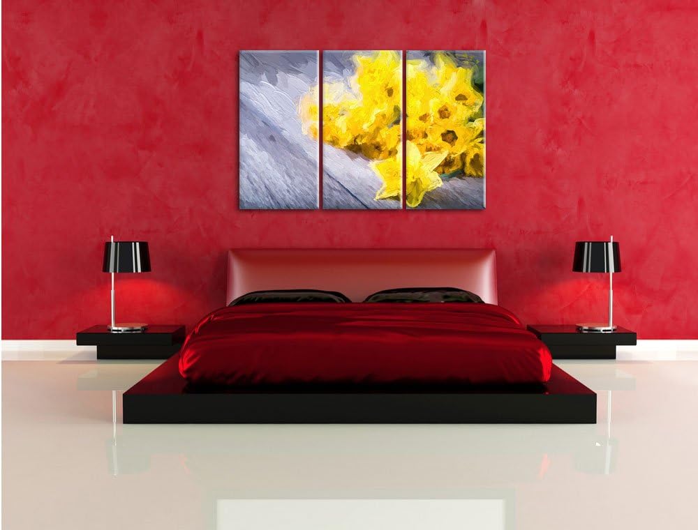 Pixxprint Bündel gelber Narzissen Kunst Pinsel Effekt 3-Teiler Leinwandbild 120x80 Bild auf Leinwand