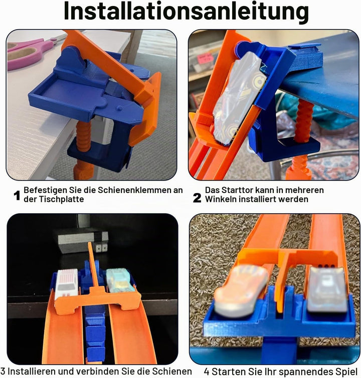 2-Spuriges Startgatter und Streckenklemmen Set für Hot Wheels, Robust aus PLA Kunststoff Startgatter