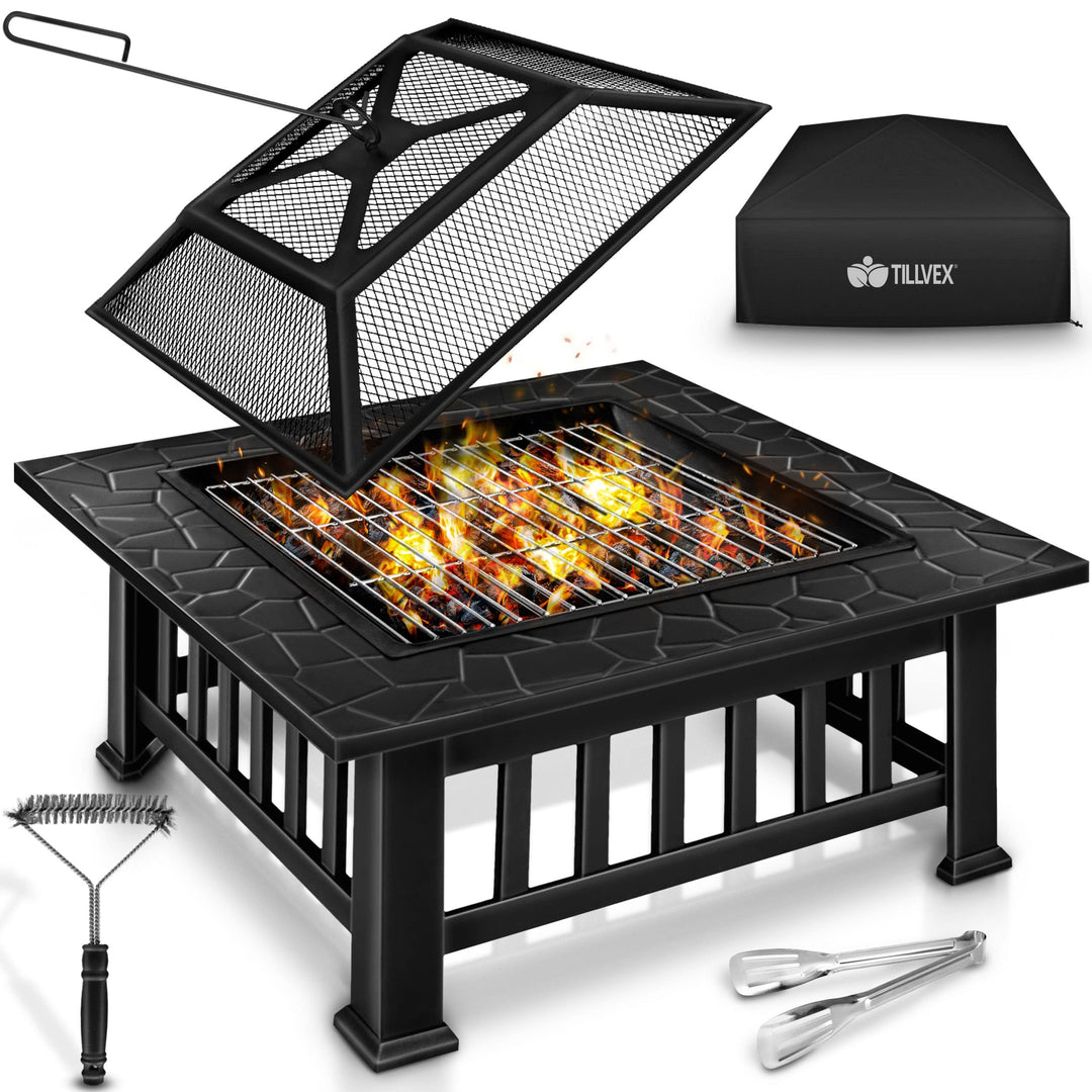 tillvex Feuerschale mit Funkenschutz & Grillrost | Feuerstelle Outdoor für den Garten | 3 in 1 BBQ G