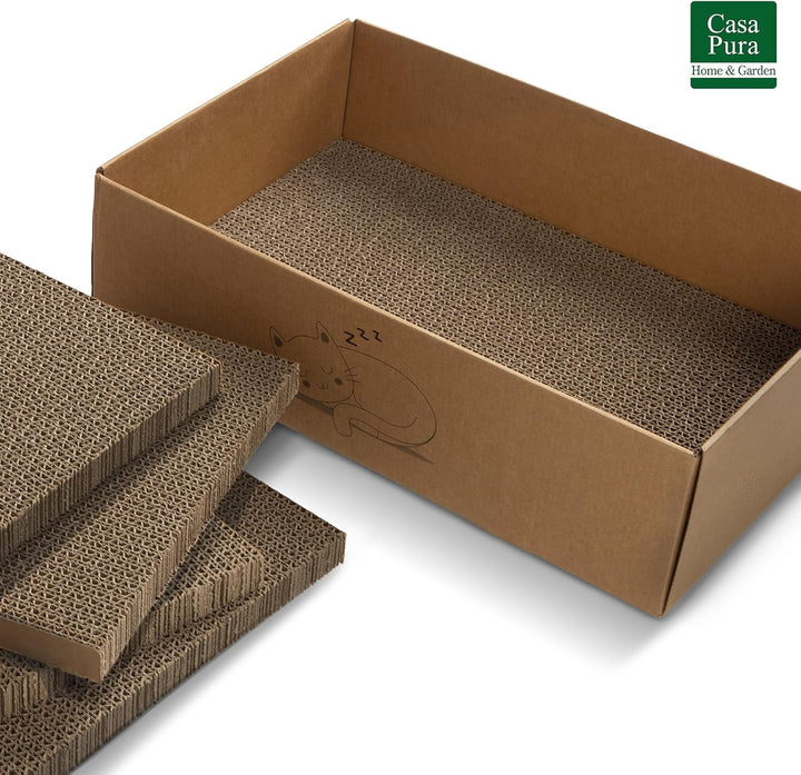 casa pura Katzenkratzbox Tiger mit 5 Kratzbrettern - 43,5 x 29,5 x 14 cm - Doppelseitige Kratzpappe