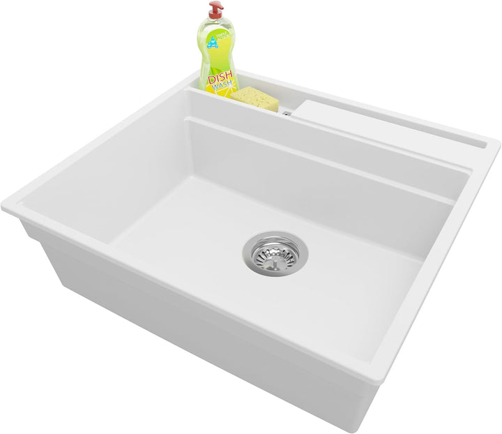 PRIMAGRAN Spülbecken Weiss 58x53cm, Granitspüle 1 Becken + Ablauf-Set, Küchenspüle ab 60er Unterschr