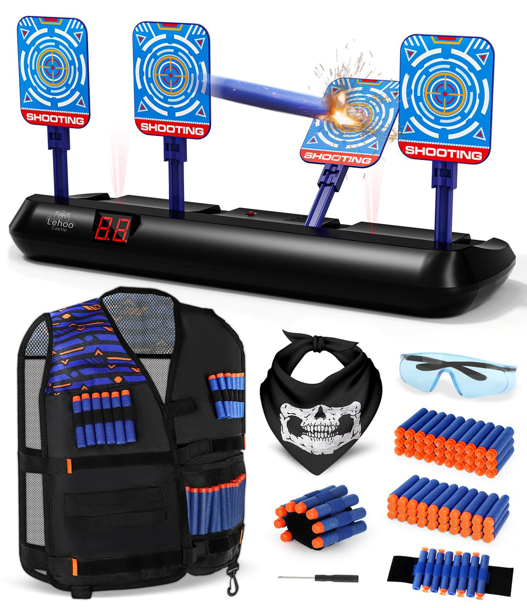 Lehoo Castle Nerf Zielscheibe, Nerf Zielscheibe Elektrisch mit Taktische Weste, 4 Ziele Auto-Reset Z