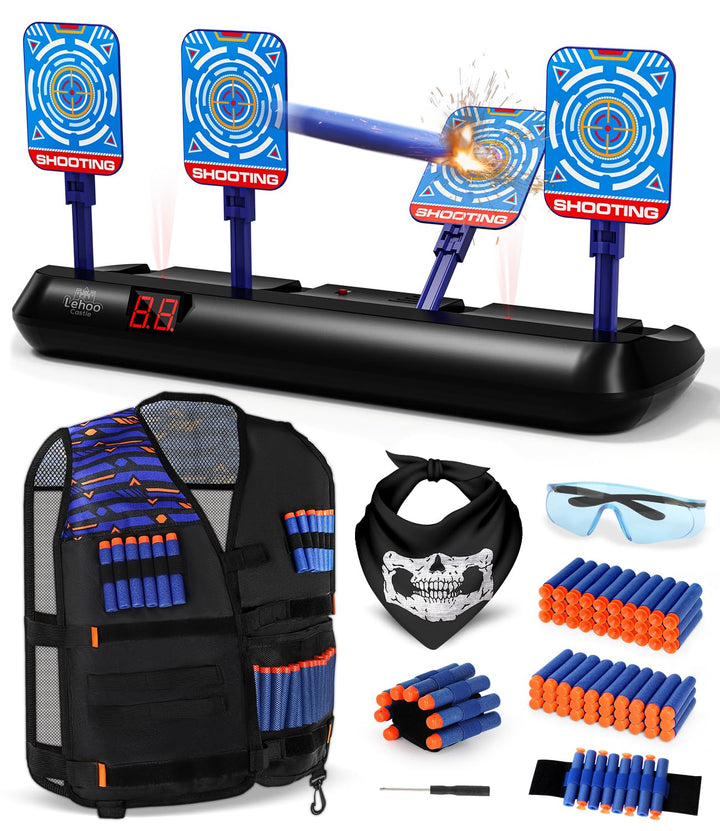 Lehoo Castle Nerf Zielscheibe, Nerf Zielscheibe Elektrisch mit Taktische Weste, 4 Ziele Auto-Reset Z