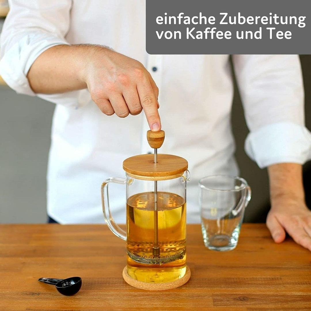 Buntfink French Press 1 Liter Glas – Kaffeebereiter mit Edelstahl-Filter & Bambus-Deckel – mit je 2