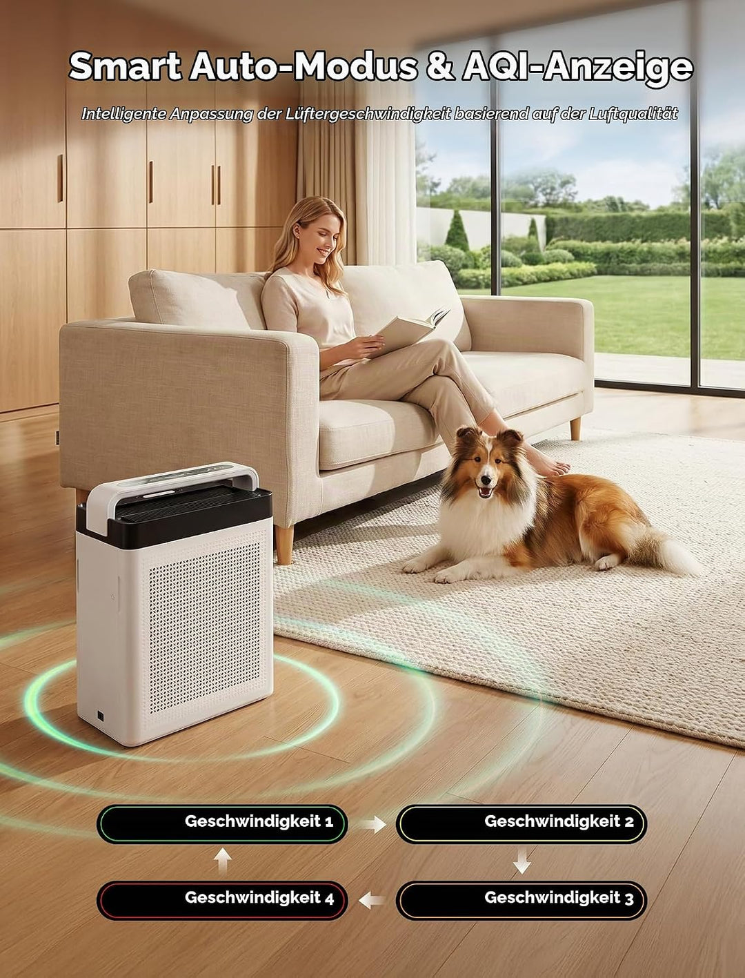 Luftreiniger mit Aktivkohlefilter, Doppel-Ansaugung, CADR 300 m³/h | bis 232 m², Air Purifier H13 HE