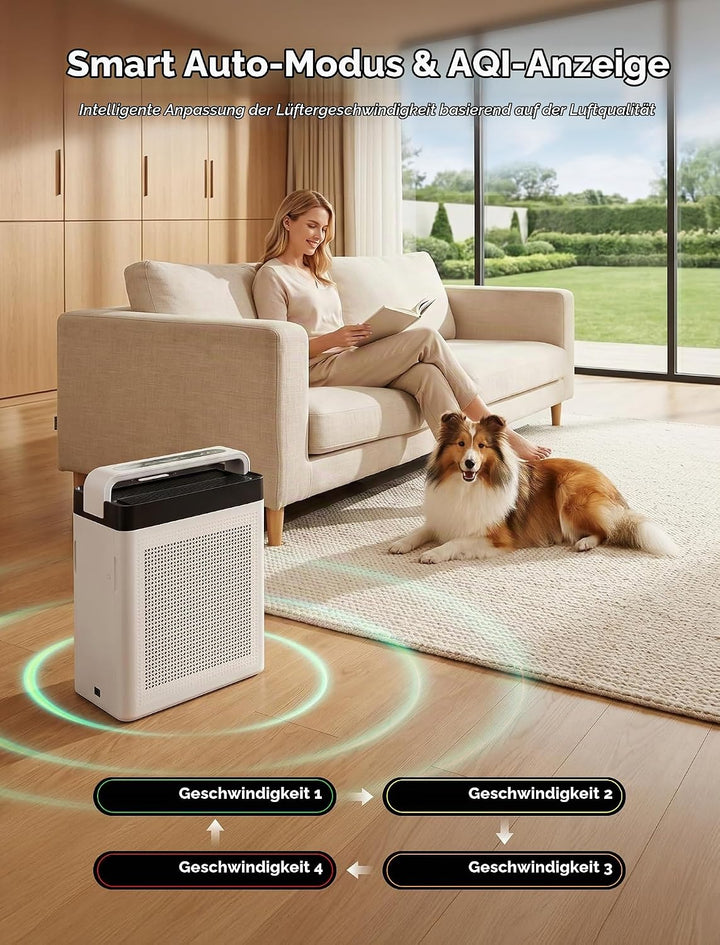 Luftreiniger mit Aktivkohlefilter, Doppel-Ansaugung, CADR 300 m³/h | bis 232 m², Air Purifier H13 HE