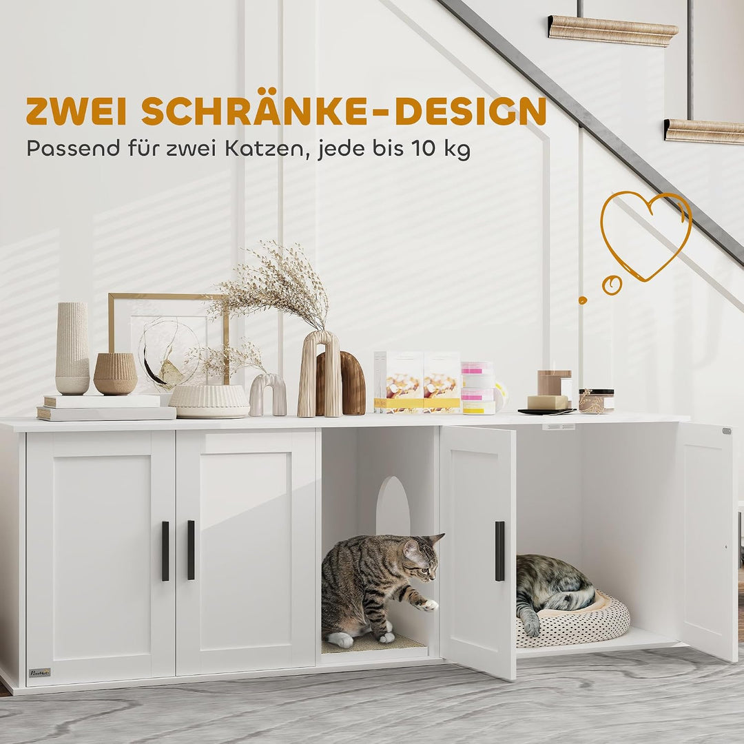 PawHut Katzenklo-Schrank 3 in 1 für Grosse Katzen 145 x 49 x 51 cm Weiss | Katzenschrank, Versteckte