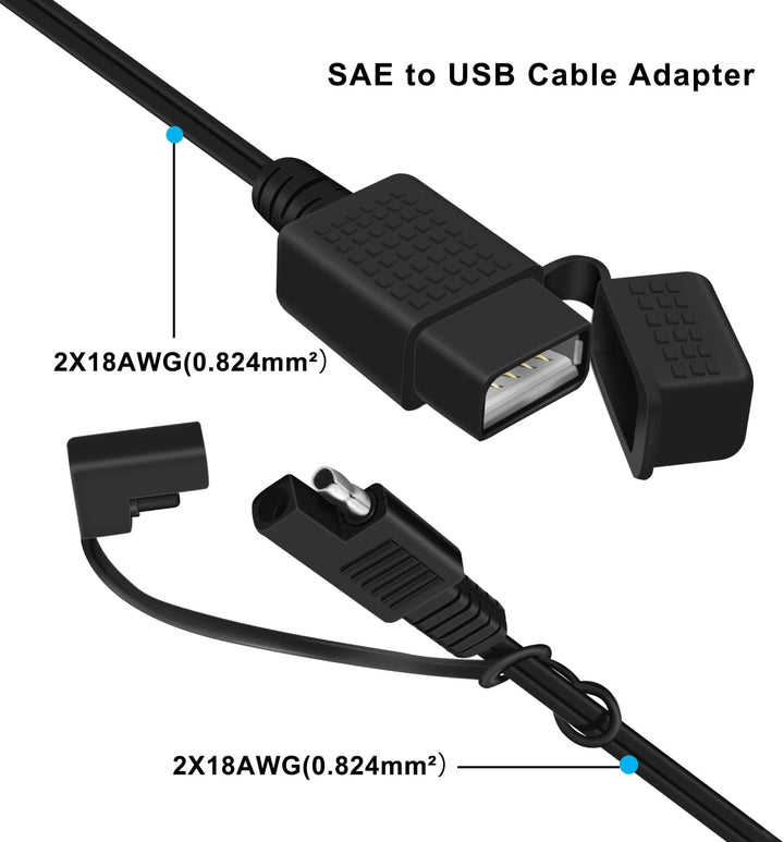 SAE auf USB Kabel USB Ladegeraet Motorrad 18AWG 5V 2,1 A mit Wasserdichter Kappe für Motorräder, Ele