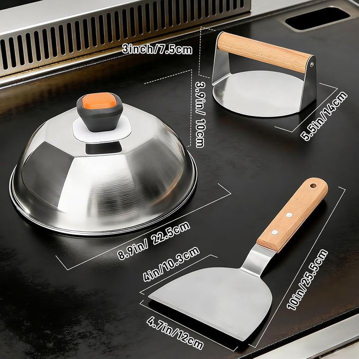 Burgerpresse Set 3-TLG, Edelstahl Burger Smasher, Schmelzkuppel, Grillspachtel, Professionelles Leck