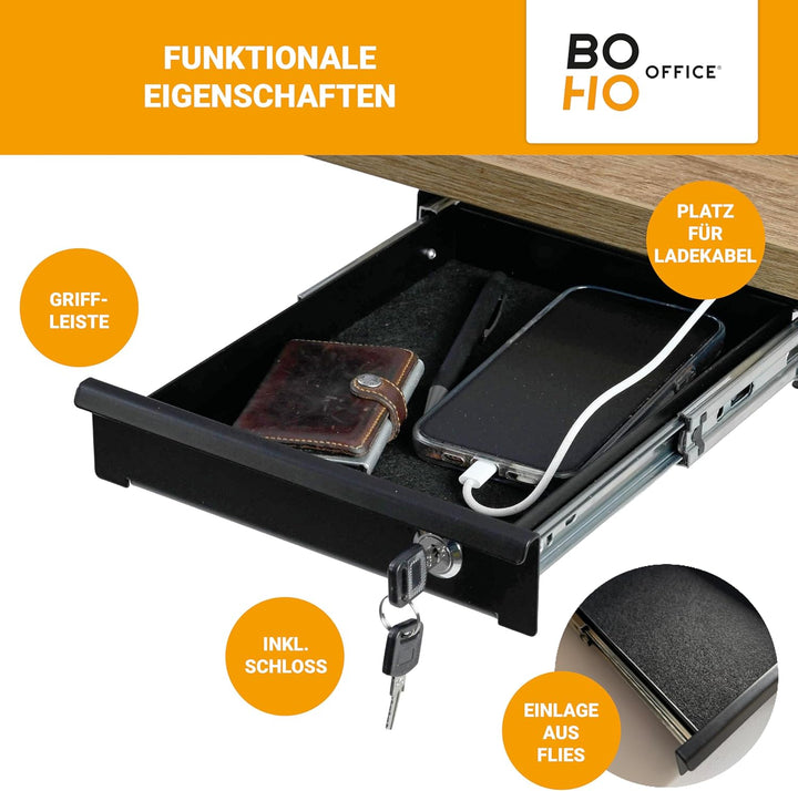 boho office® Schreibtisch Schublade schwarz – abschliessbar mit Schloss, inkl. Organizer & Filz, Unt