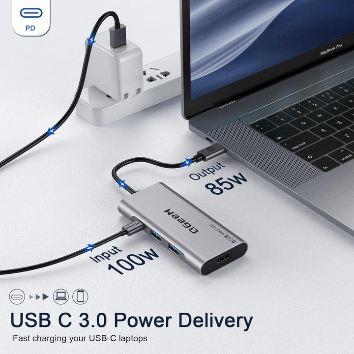 QGeeM USB C Hub, USB C auf HDMI Adapter, 4K 7 in 1 USB C Dongle mit 100W Stromversorgung, 3 USB 3.0