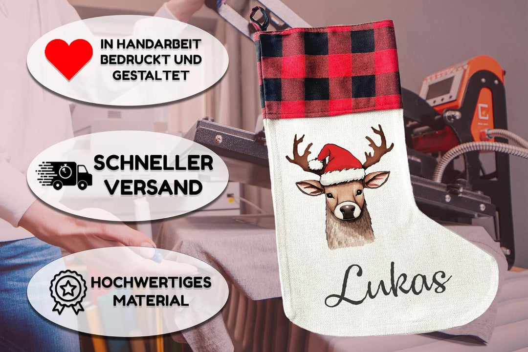 Personalisierte Weihnachtssocken - 40cm x 30cm - Weihnachtsstrumpf zum Nikolaus oder Weihnachten - N
