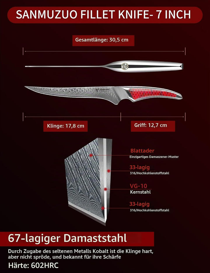 SANMUZUO 18CM Filetiermesser, Küchen- und Fischmesser aus Japanischem VG-10-Damaszenerstahl, ultrasc